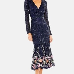Mac Duggal Midnight Blue Sequin Dress with Floral Accents
